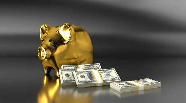 Gold Piggy Bank And Cash